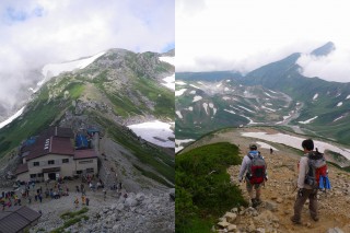 写真左「一の越山荘」写真右「大走り」ガレ場ではあるが危険は少ない