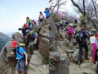 写真左はキレット、右は登りの最後のほうにある登り、岩場が続きそれなりに高度感はあるが、投げ出すほどではない。