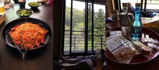 癒しの時間湯ノ山温泉のオレンジハウスで「ナポリタン」/ロッジで昼寝/お盆に妙高土産とお菓子