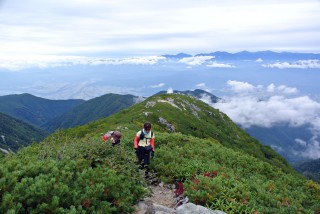 【世界へと広がる景色】樹林帯を抜けると急に山々と木曽駒ケ岳の山容が見渡せる。