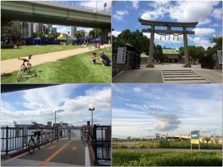 【IKEA鶴浜へ】IKEA前のなみはや大橋はなんと自転車でも渡ることができます。（左上:中之島SW中はビアフェス中/右上:生魂神社/左下:めがね橋の渡船場/右下:IKEA前なみはや大橋）