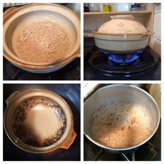 【今回は途中で鍋を変えたのも良くなかった?】「びっくり水」のタイミングで水を張ったアルミ鍋にお米を移しましたこの段階ではまだ「カチカチ」です。