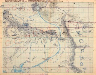 【地図】方眼紙(1mm8キロ)に描かれた地図の上には主人公達の行動が記入されている。