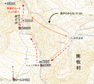 【地図】赤点線元のルート/オレンジ線白砂新道/黒矢印このあたりは道がわかりにくいトコロ