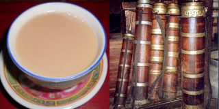 【バター茶】Wikipediaより、チベットの遊牧民はこの「ドンモ」と呼ばれる専用の攪拌器を持ち1日に10杯も「草食ヤク」のバター茶を飲む