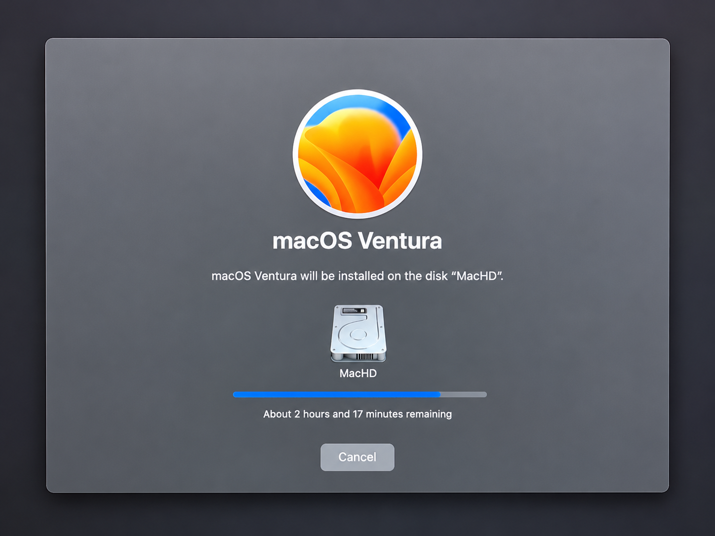 前編でのmacOS Venturaインストール進行画面(説明用加工画像)