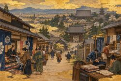 中世京都の商人や職人と法華宗寺院の関係を描いた歴史画風イラスト