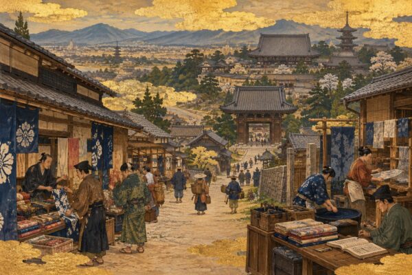 中世京都の商人や職人と法華宗寺院の関係を描いた歴史画風イラスト